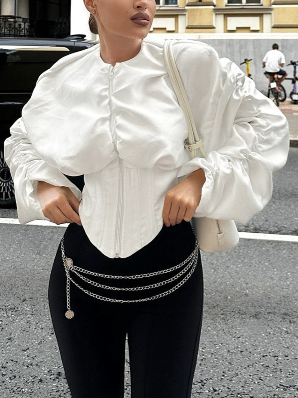 Zara Royal Ruffle Round Neck Cinched Waist Long Sleeve Shirt Cardigan